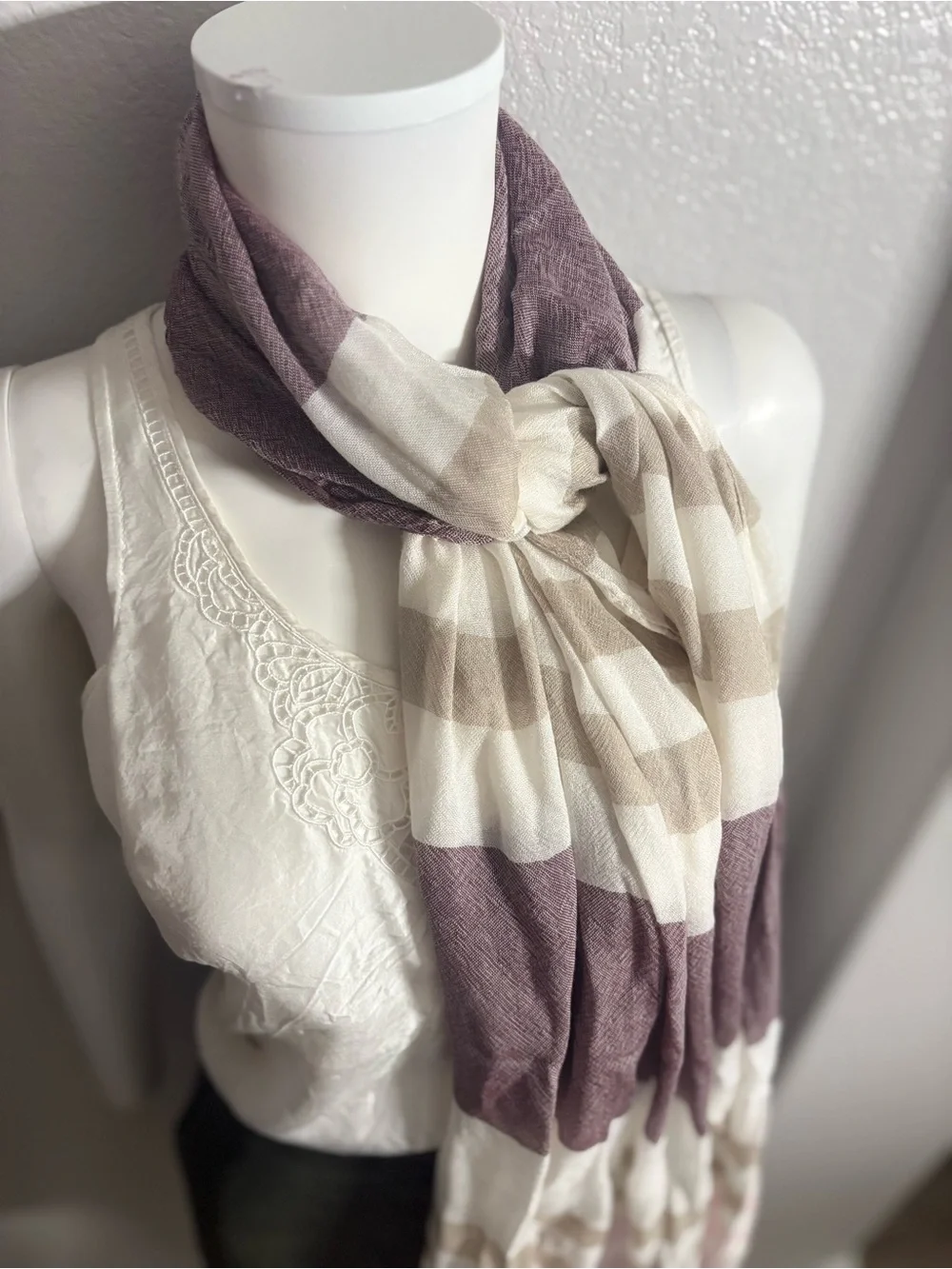 Striped Lightweight Scarf in Lavender, Cream & Taupe